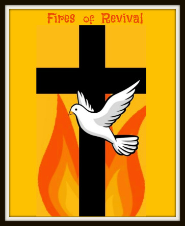FLAMING CROSS, DOVE, TEXT